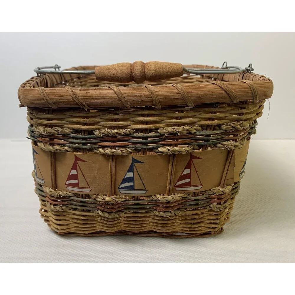 Vintage Nautical-Themed Woven Basket Wire Bail Handles Sailboat Design 10